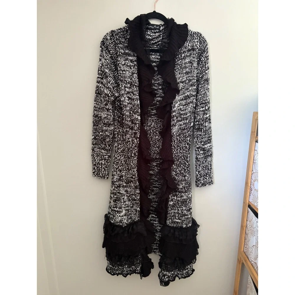 Pretty Angel Silk Wool Blend Ruffle Long Cardigan Black‎ White Marled Duster L